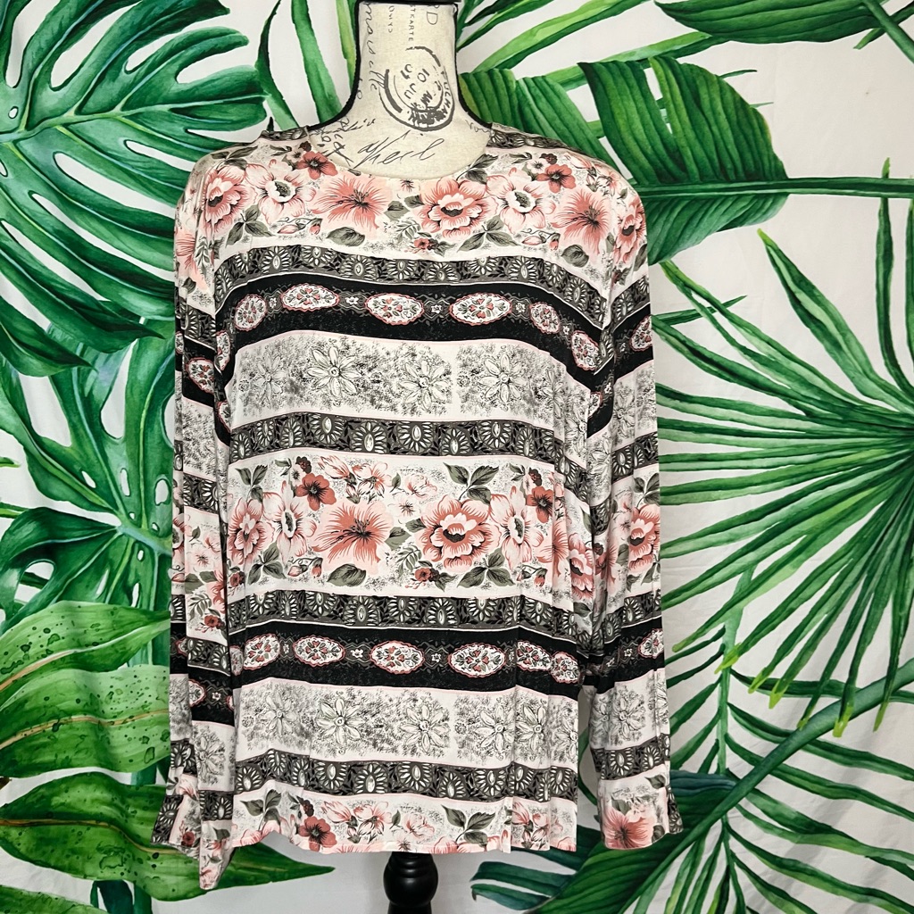 Vintage 80s Silk Land Xl Black White Pink Lightweight Floral Office Work Blouse